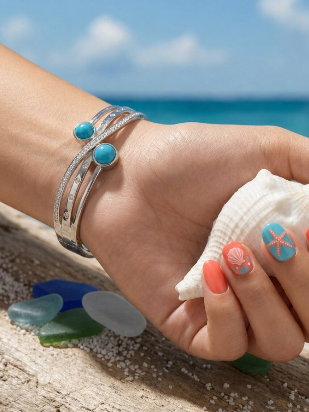 18K White Gold Plated Turquoise CZ Pave Coastal Cowgirl Bangle Bracelet Silver